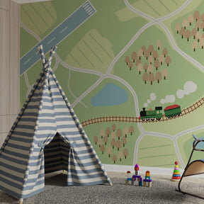 Transportation themed wallpaper creating adventure atmosphere in kids bedroom decor