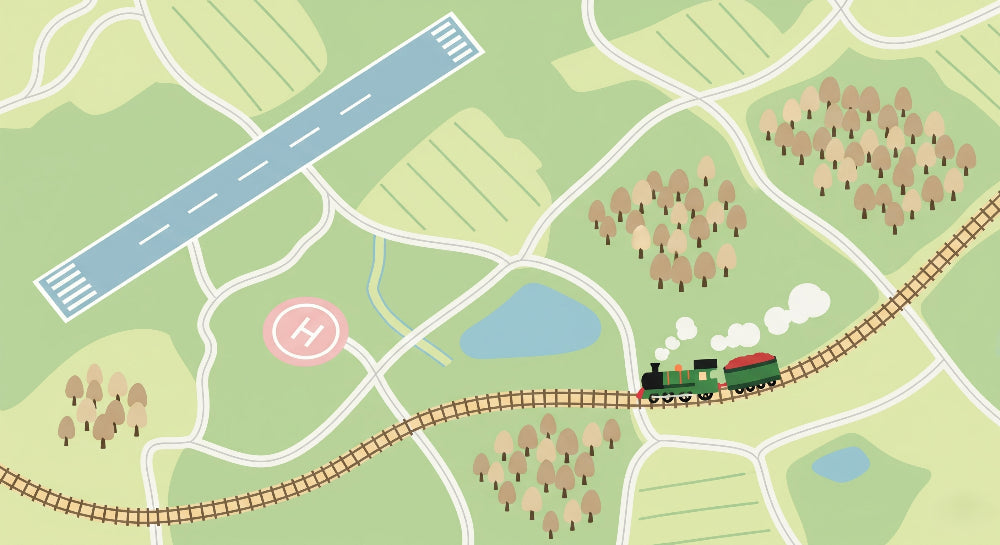 Detailed railway adventure mural wallpaper design pattern with train and animated landscapes by Kids-Mundo