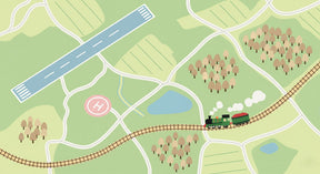 Detailed railway adventure mural wallpaper design pattern with train and animated landscapes by Kids-Mundo