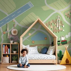 Railway adventure mural wallpaper in modern nursery with steam train and landscapes by Kids-Mundo