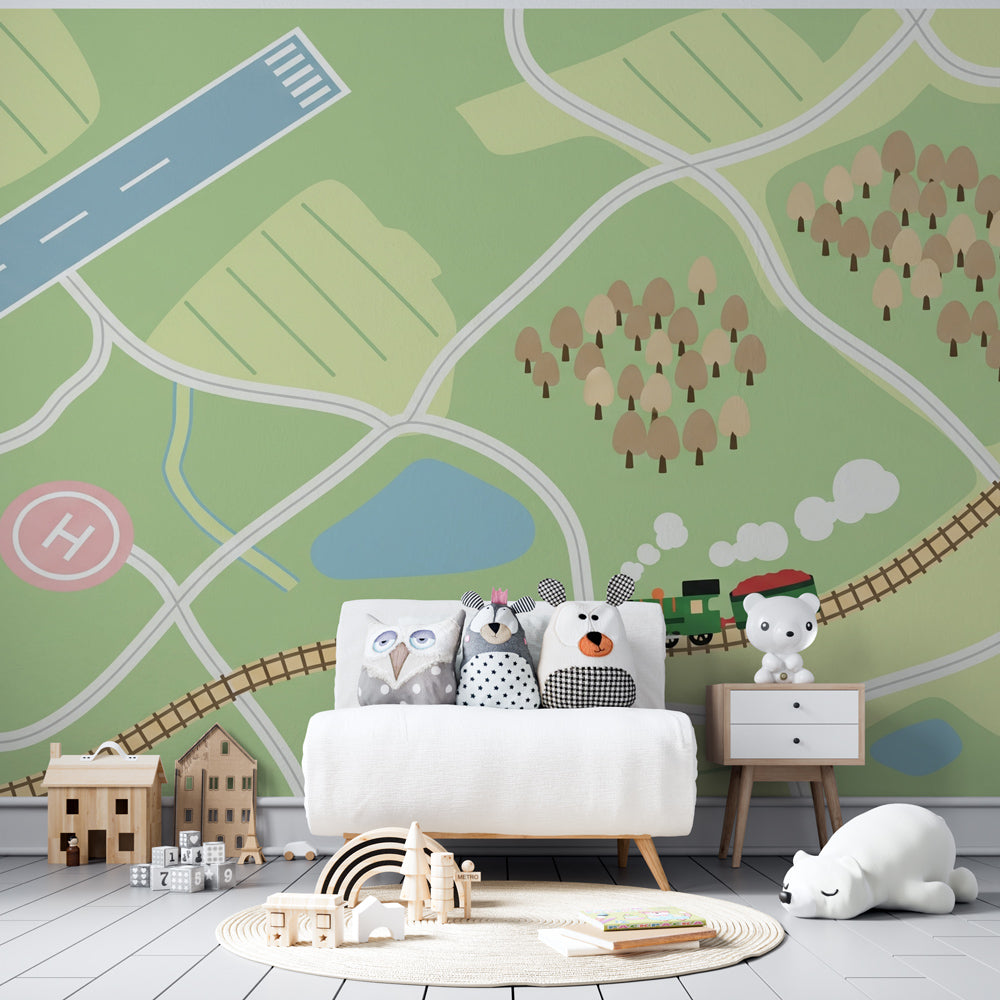 Steam train wallpaper with green landscapes decorating children's playroom by Kids-Mundo