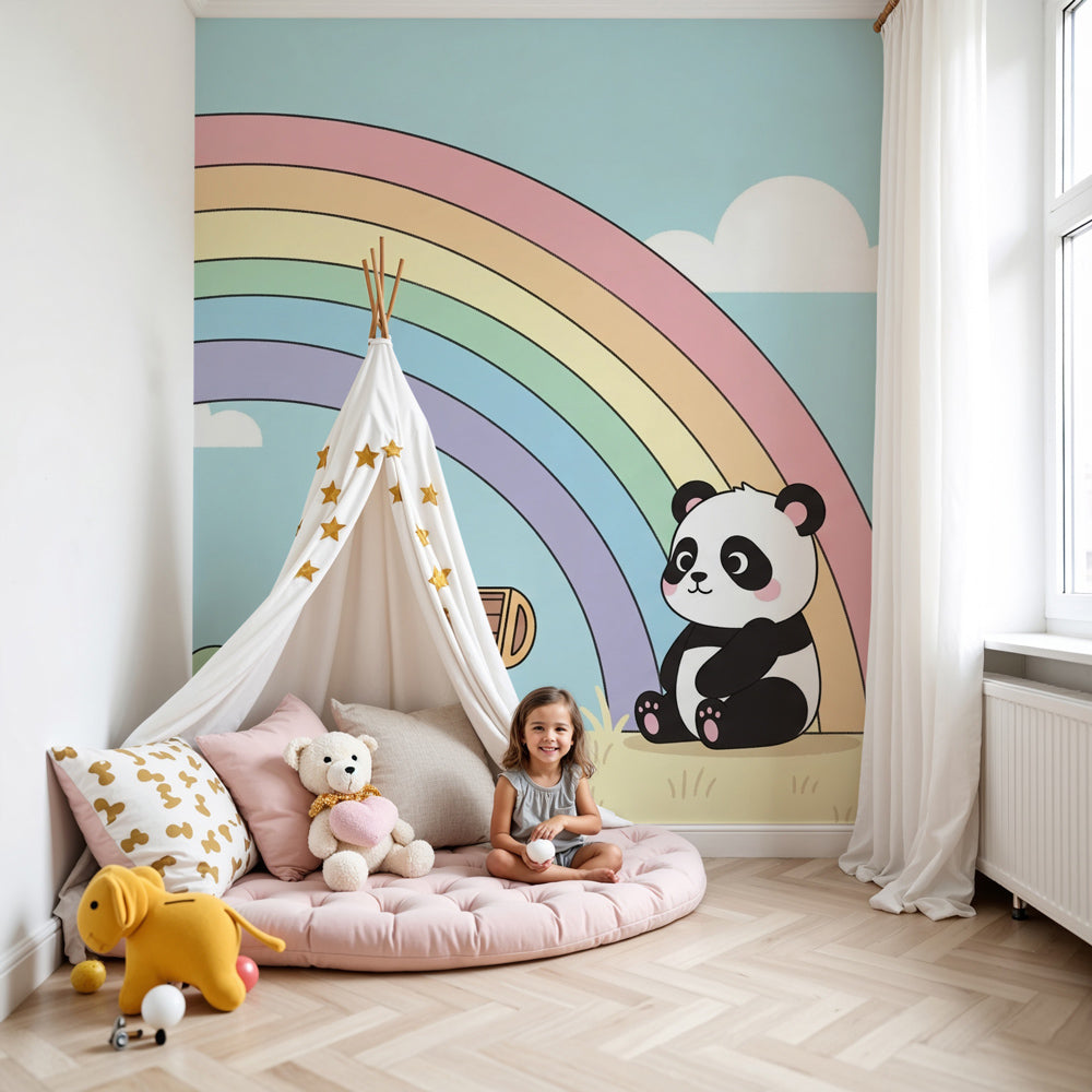 Rainbow animals mural wallpaper with turtle and panda in modern baby nursery by Kids-Mundo