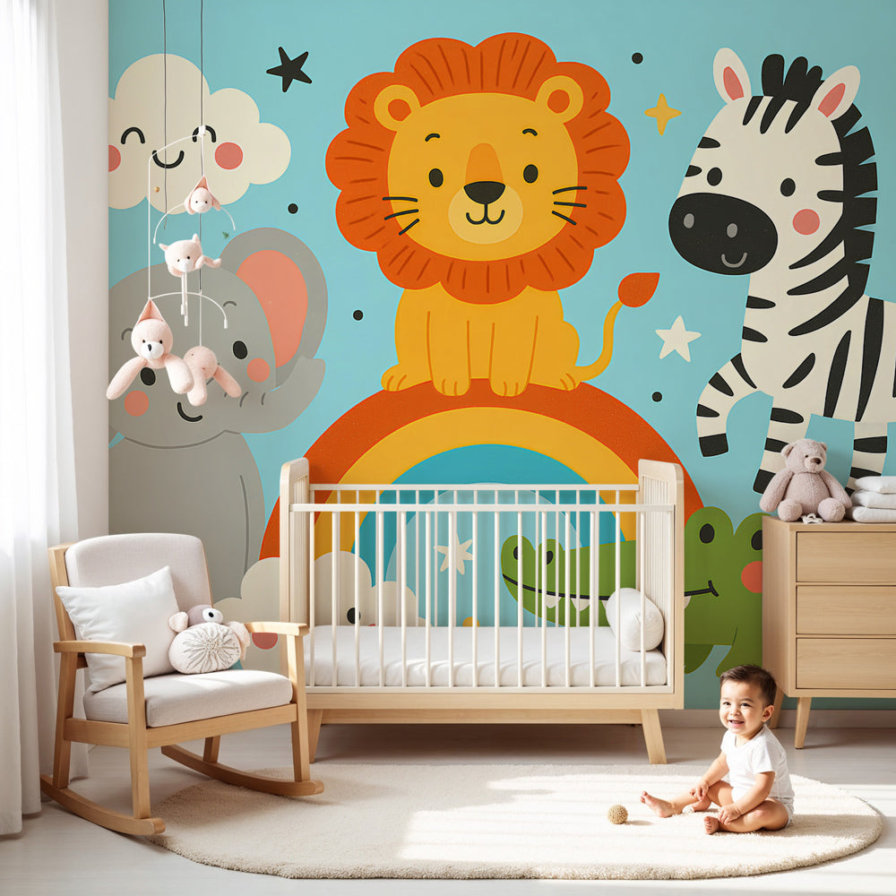 Rainbow animals mural wallpaper in bright nursery with lion and safari friends by Kids-Mundo