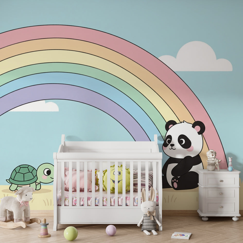 Pastel rainbow turtle panda wallpaper creating magical nursery decor with soft colors