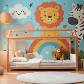 Colorful animal kingdom mural wallpaper transforming kids playroom into safari adventure