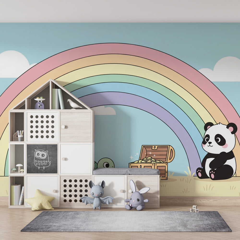 Animal themed mural wallpaper featuring rainbow and treasure chest in toddler bedroom