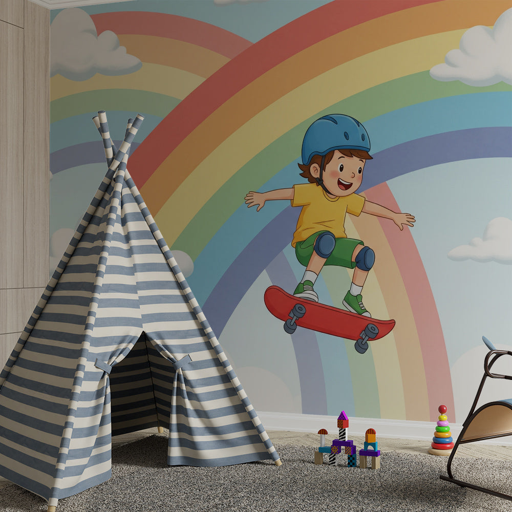 Kids-Mundo skateboard wall mural shown on a feature wall in an energetic boy's bedroom