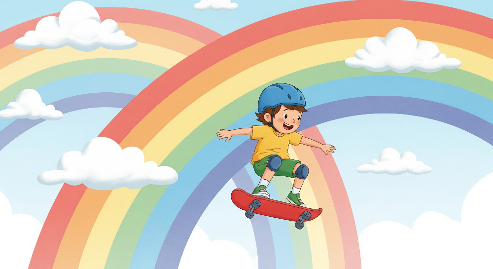 Skateboarder Jumping Through a Rainbow Arch Wall Mural