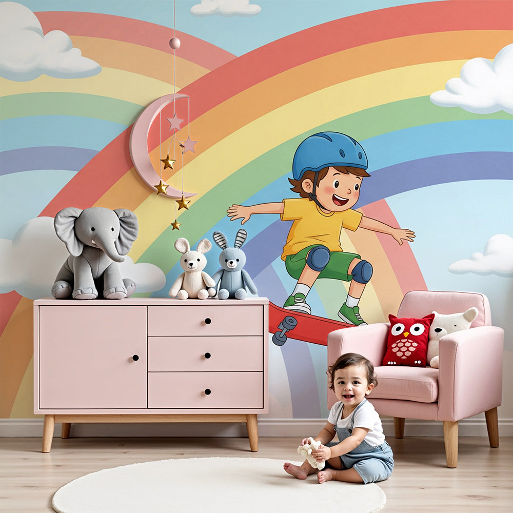 Kids-Mundo rainbow arch skateboarder wall mural styled in a bright, cheerful nursery