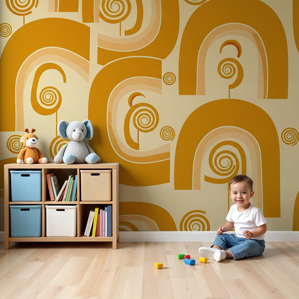 Nursery wall with the Kids-Mundo orange rainbow arch and swirl wall mural in mustard tones