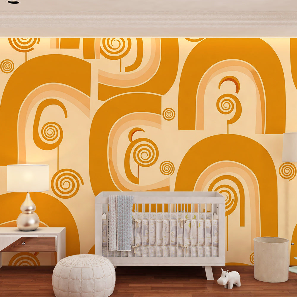 Playroom decorated with the Kids-Mundo orange rainbow arches and swirls wall mural