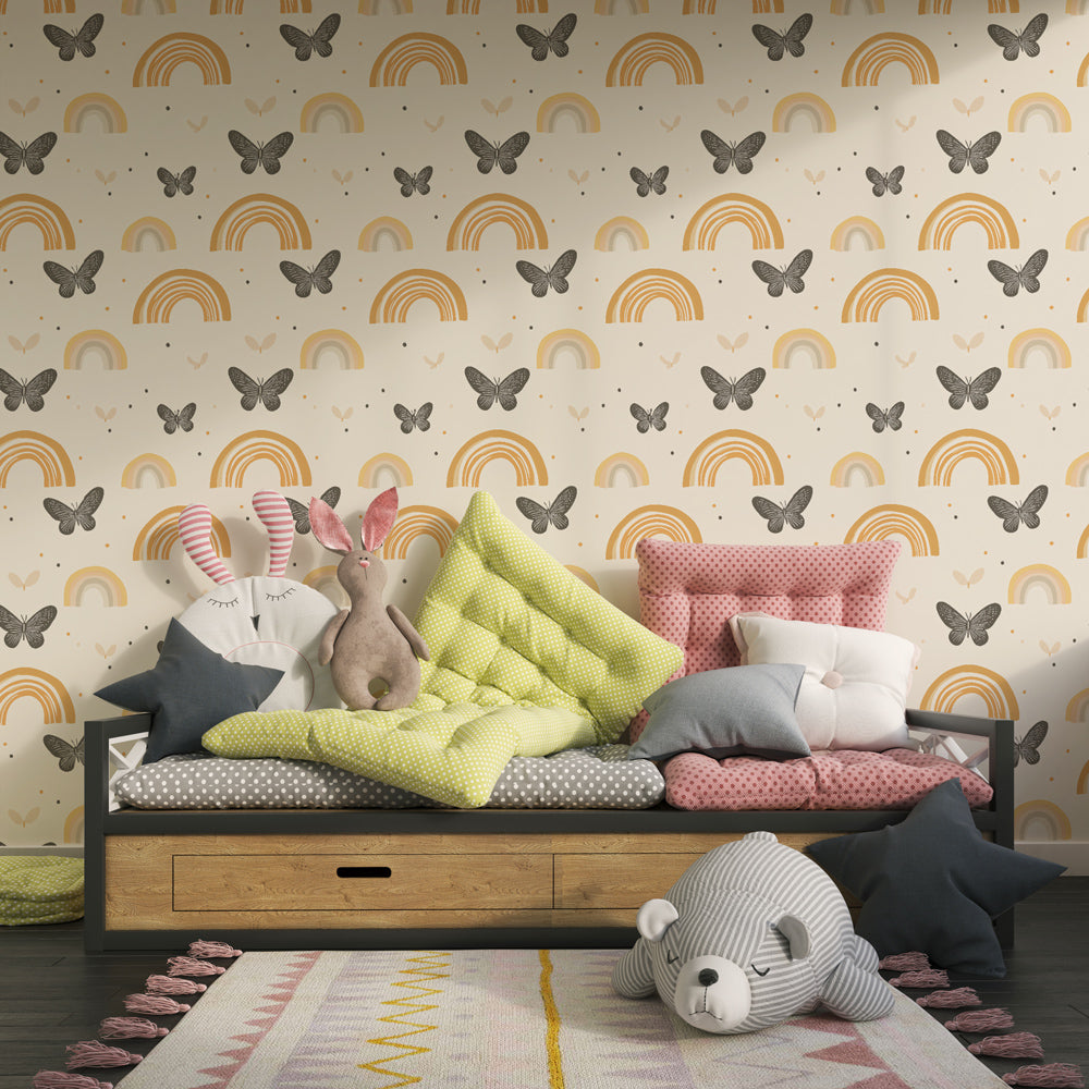 Gentle rainbow and butterfly wallpaper creating peaceful kids bedroom atmosphere
