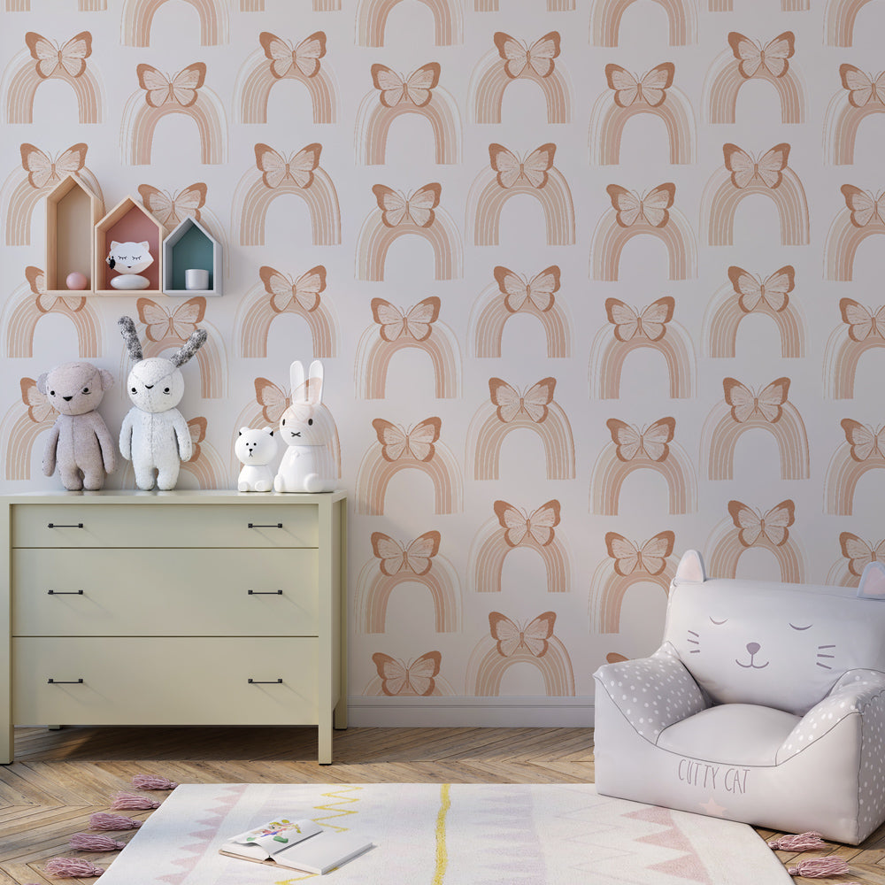 Gentle rainbow and butterfly wallpaper creating magical kids bedroom atmosphere with natural decor