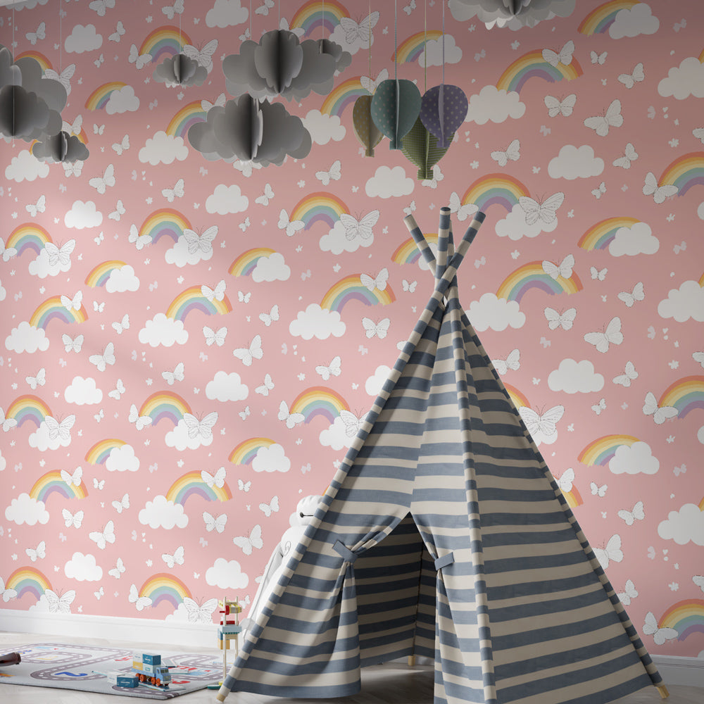 Pink butterfly and rainbow wallpaper transforming children's bedroom into dreamy space
