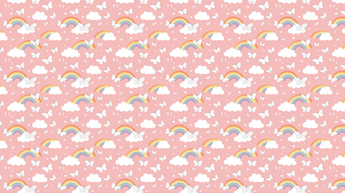 Detailed rainbow and butterfly mural wallpaper design pattern on pink background by Kids-Mundo