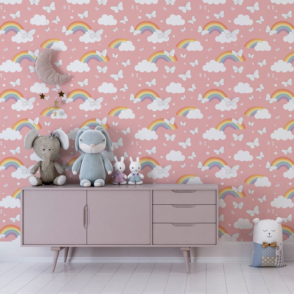 Colorful rainbow and butterfly mural wallpaper for playful kids room by Kids-Mundo