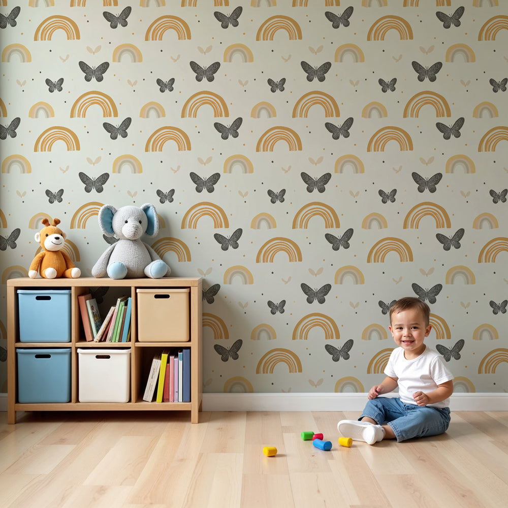 Rainbow butterfly mural wallpaper in soft pastels decorating modern nursery by Kids-Mundo