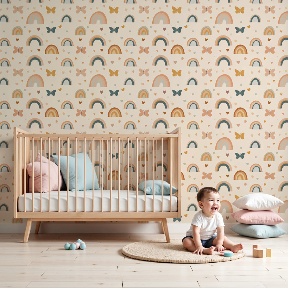Rainbow butterfly mural wallpaper creating dreamy pastel nursery decor by Kids-Mundo