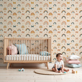 Rainbow butterfly mural wallpaper creating dreamy pastel nursery decor by Kids-Mundo