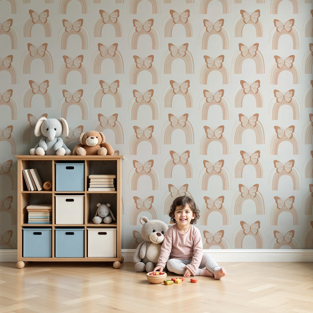 Rainbow butterfly mural wallpaper in soft pastels decorating modern nursery room by Kids-Mundo