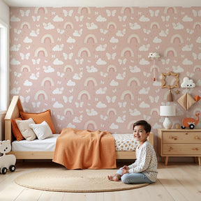 Rainbow butterfly mural wallpaper with colorful rain design in bright children's nursery by Kids-Mundo