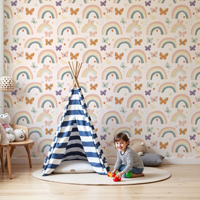 Rainbow butterfly mural wallpaper creating magical nursery decor with colorful rainbows by Kids-Mundo