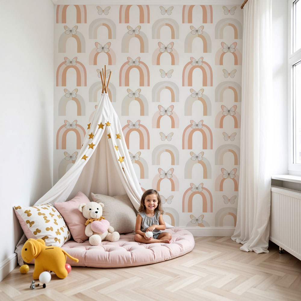 Pastel rainbow butterfly mural wallpaper in bright nursery with white crib by Kids-Mundo