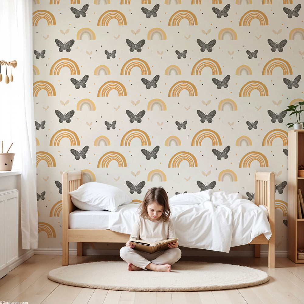 Rainbow butterfly mural wallpaper in soft pastels decorating modern nursery room by Kids-Mundo