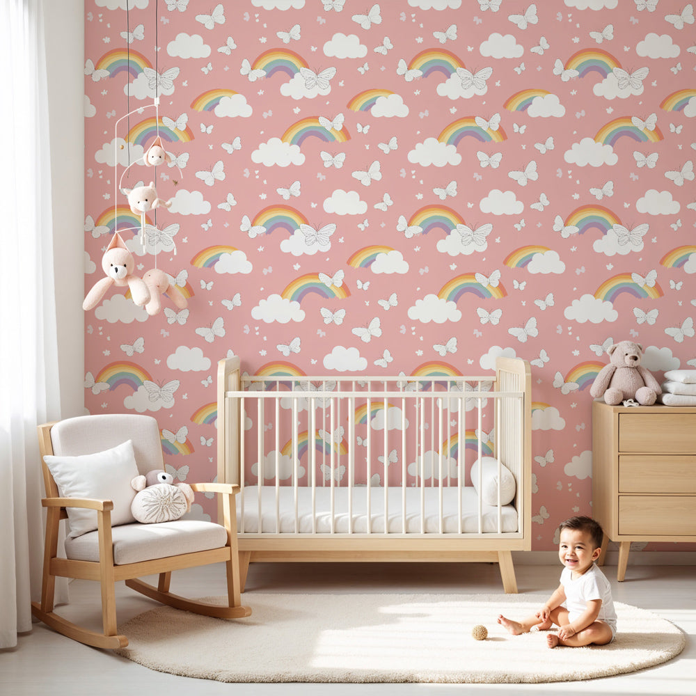 Rainbow butterfly mural wallpaper creating magical pink nursery atmosphere by Kids-Mundo
