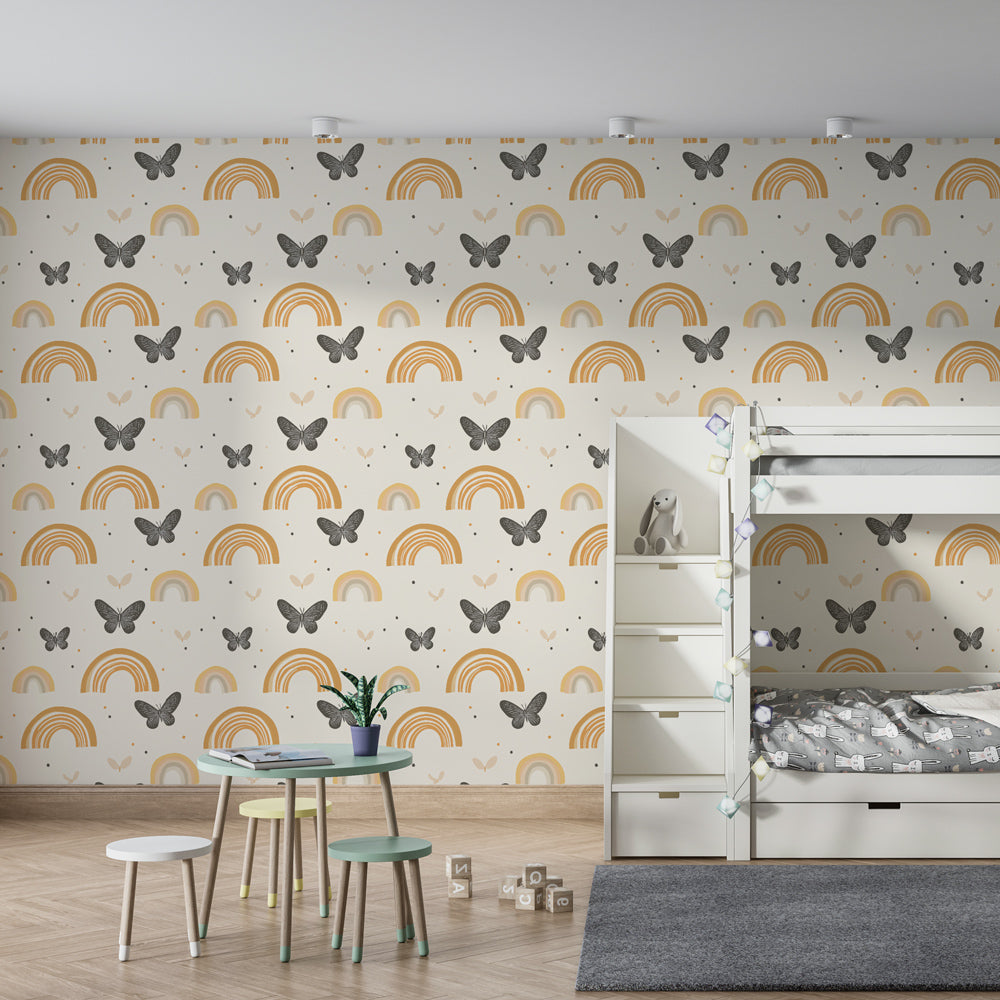 Soft rainbow butterfly mural wallpaper transforming children's playroom decor