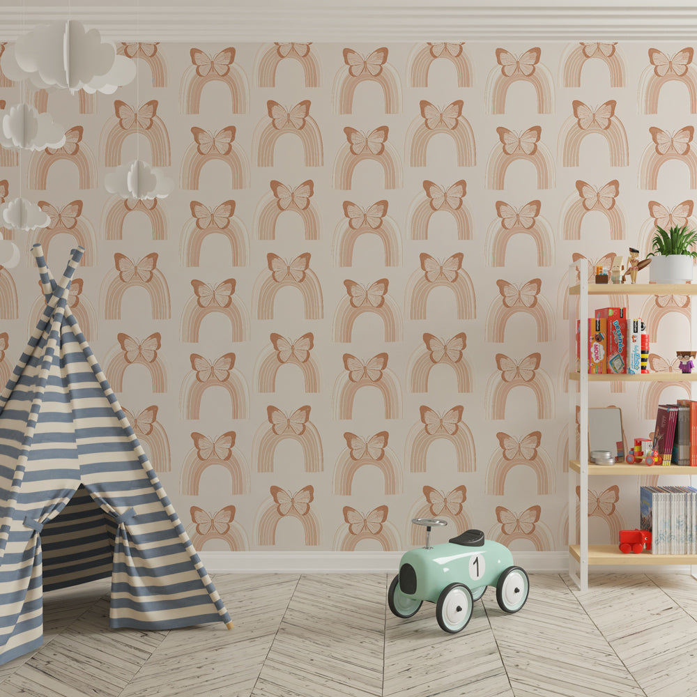 Pastel rainbow butterfly mural wallpaper transforming children's playroom into whimsical space