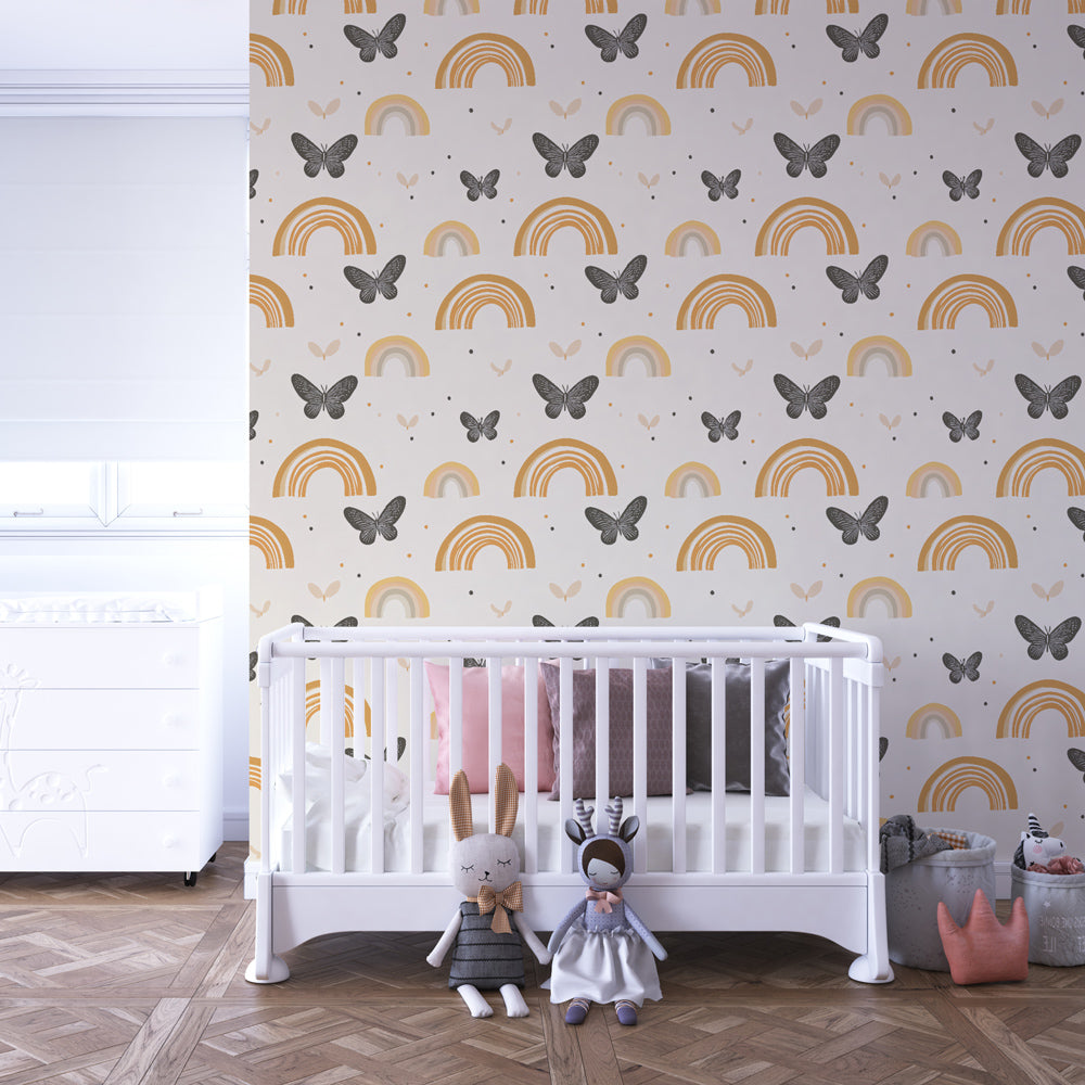 Butterfly rainbow mural wallpaper transforming kids playroom with gentle colors and whimsical design