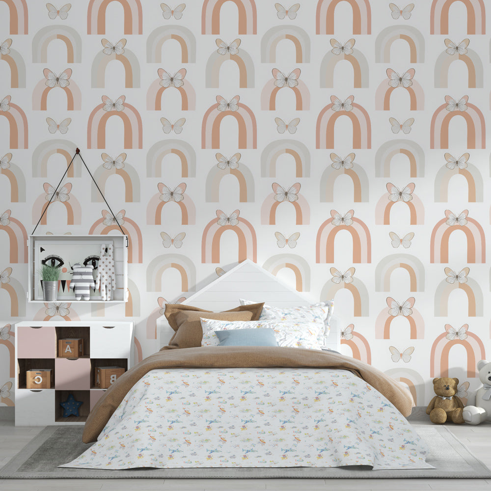 Butterfly rainbow mural wallpaper in children's playroom with wooden toys by Kids-Mundo
