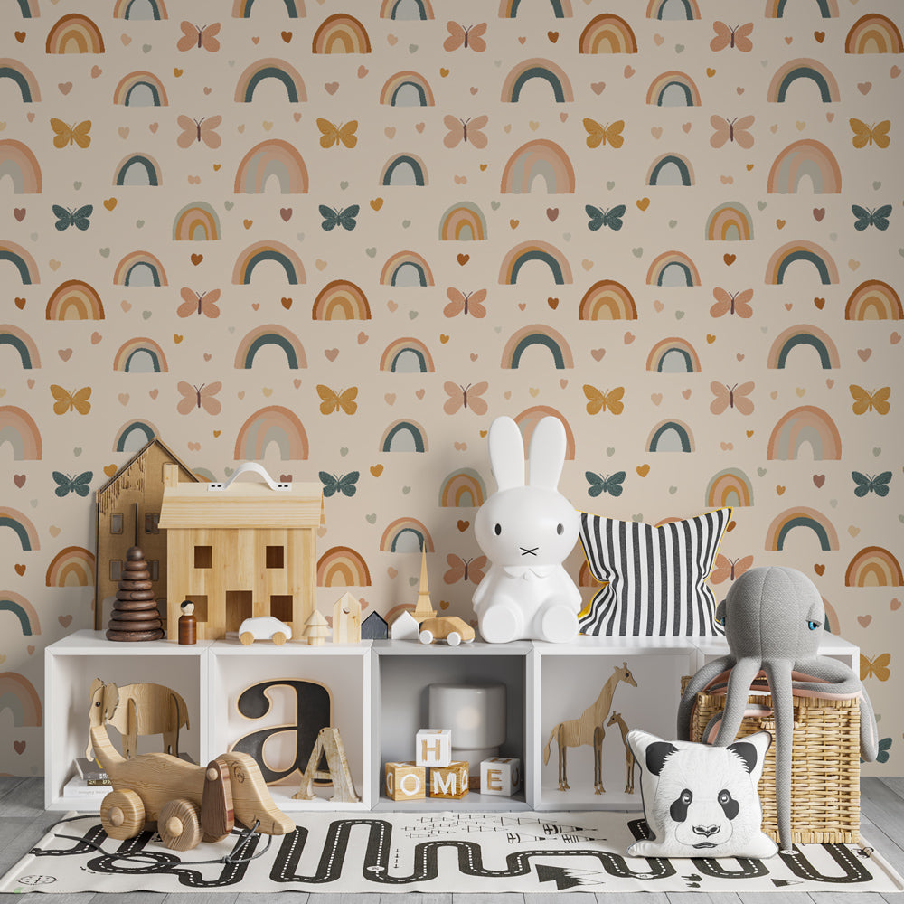 Whimsical butterfly garden mural wallpaper for kids playroom by Kids-Mundo