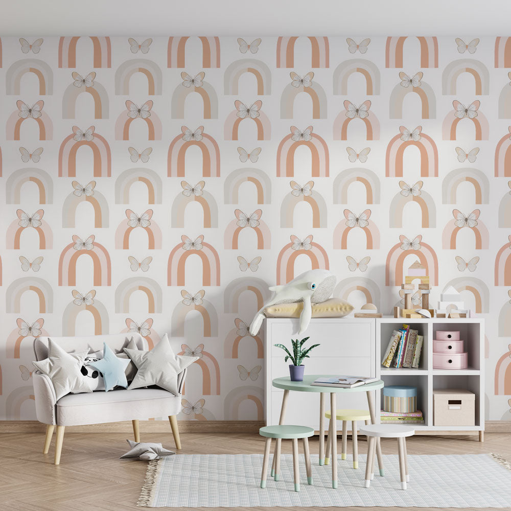 Rainbow butterfly wallpaper creating magical kids bedroom decor with soft pink tones