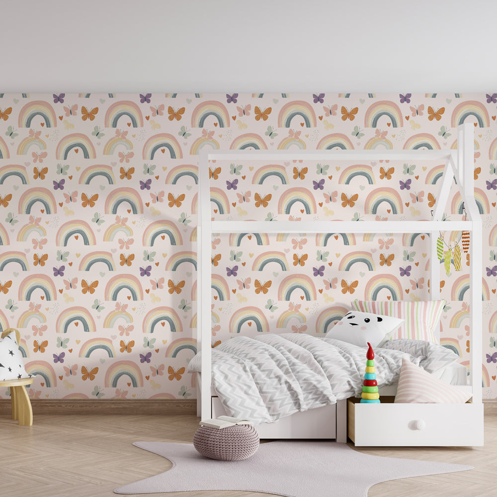 Kids-Mundo colourful rainbow butterfly wall mural on a girl's bedroom feature wall