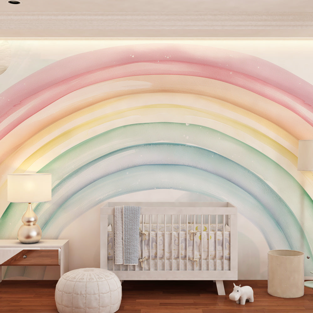 Watercolor rainbow clouds wallpaper transforming modern baby room with soft pastel colors
