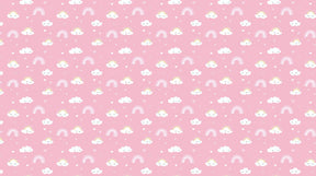 Detailed rainbow clouds mural wallpaper design pattern with hearts on soft pink background by Kids-Mundo