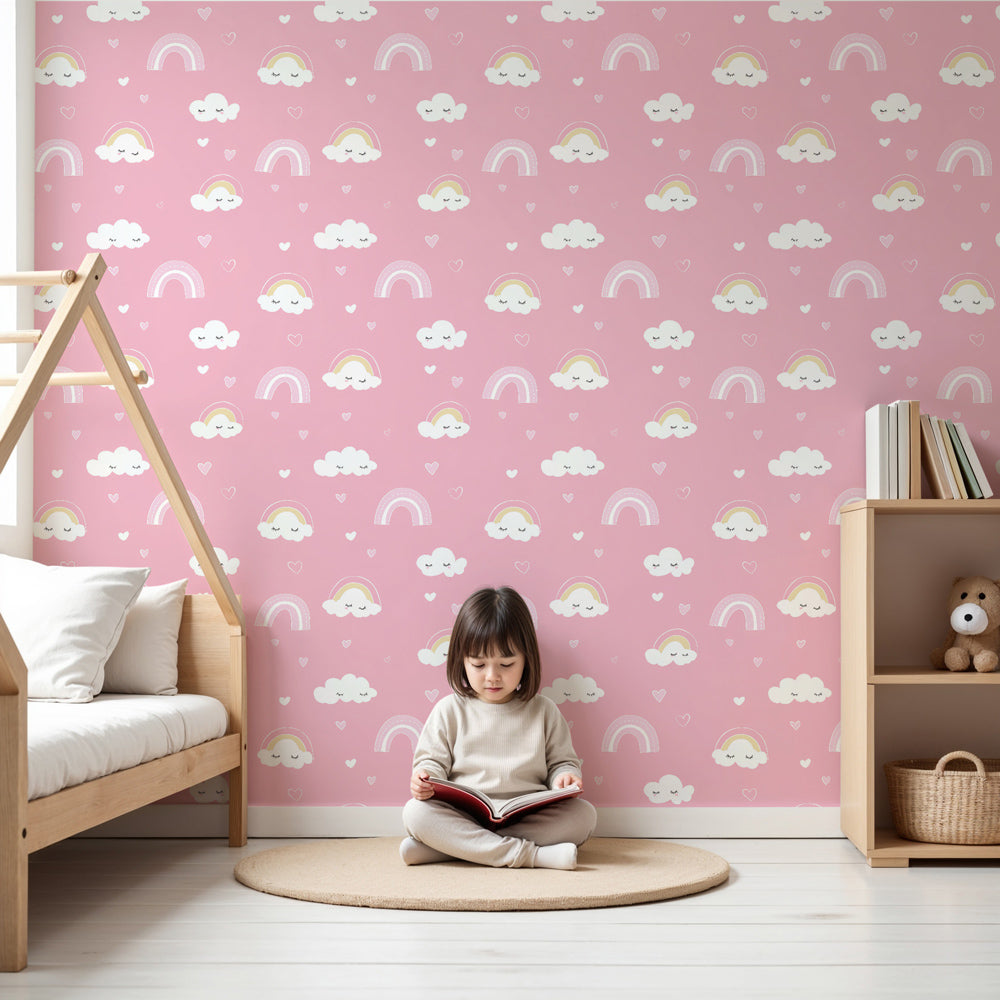 Rainbow clouds mural wallpaper creating magical nursery atmosphere with soft pink tones by Kids-Mundo