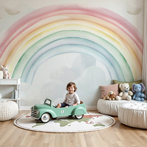 Pastel rainbow and clouds mural wallpaper creating dreamy nursery decor by Kids-Mundo