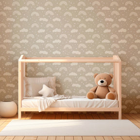 Whimsical rainbow clouds wallpaper transforming kids playroom with magical sky theme