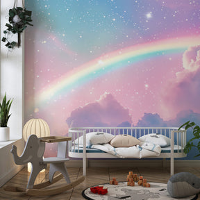 Colorful rainbow clouds wallpaper with starry elements in bright children's room setting