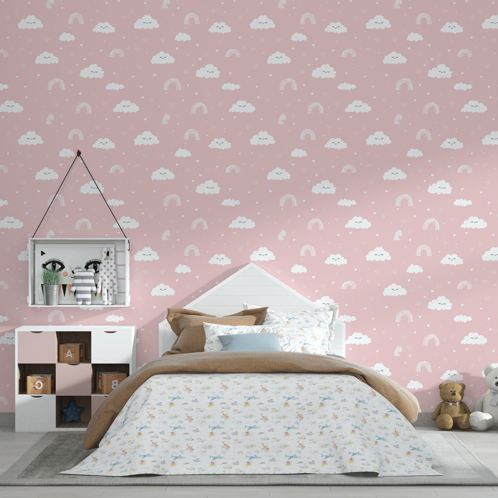 Whimsical cloud and rainbow mural wallpaper for cozy toddler room by Kids-Mundo