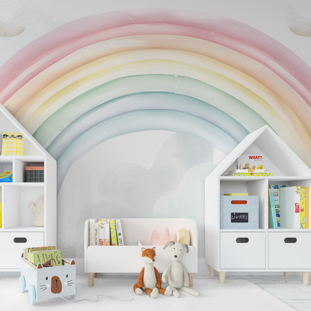 Rainbow clouds mural wallpaper for peaceful toddler bedroom by Kids-Mundo