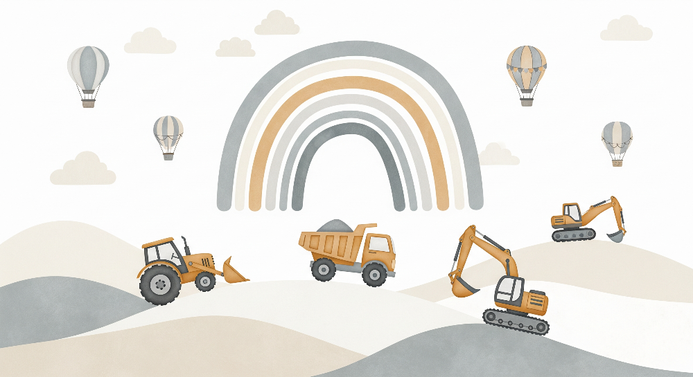 Flat artwork of the Kids-Mundo rainbow construction site wall mural with diggers and trucks