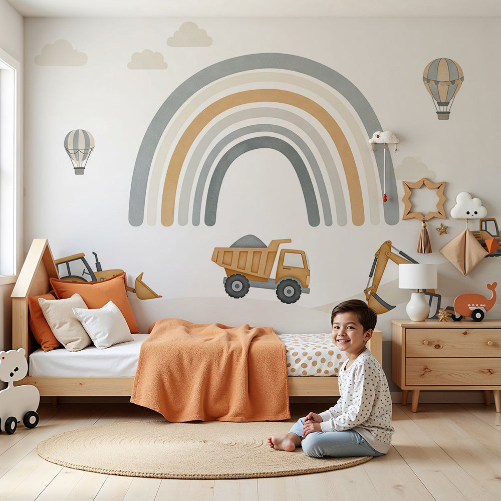Kids-Mundo rainbow construction wall mural in a boy's bedroom with a bed and toys