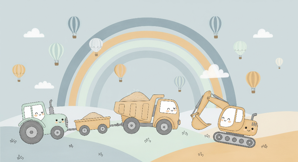 Rainbow Construction Trucks and Balloons Wall Mural