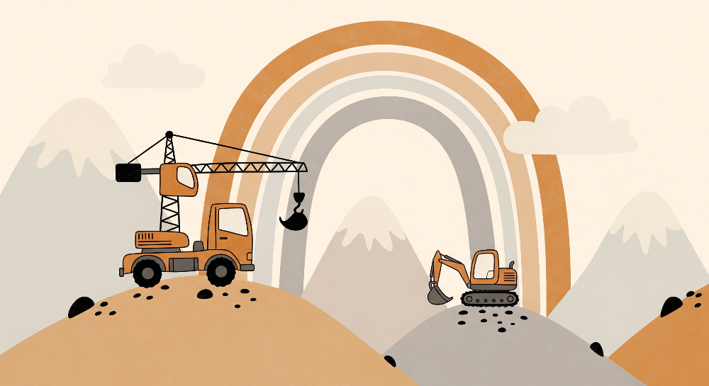 Kids-Mundo flat artwork preview of the rainbow construction wall mural featuring a crane and digger.