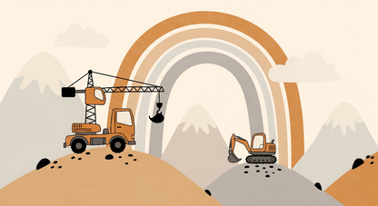 Kids-Mundo flat artwork preview of the rainbow construction wall mural featuring a crane and digger.