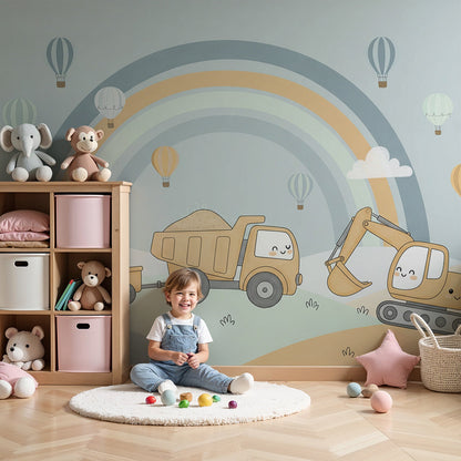 Kids-Mundo rainbow construction truck wall mural with balloons in a grey-blue baby nursery